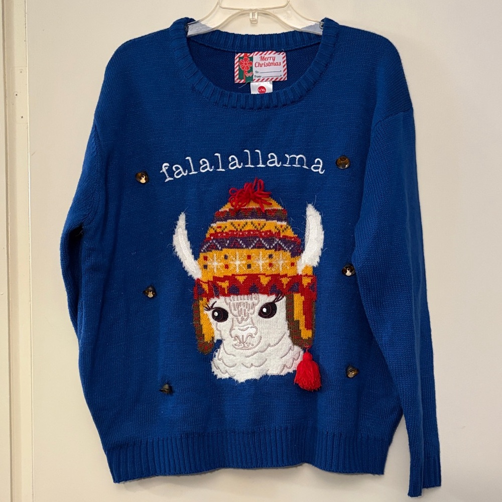 Blue Christmas Llama Sweater with Bells,‎ size L/XL
